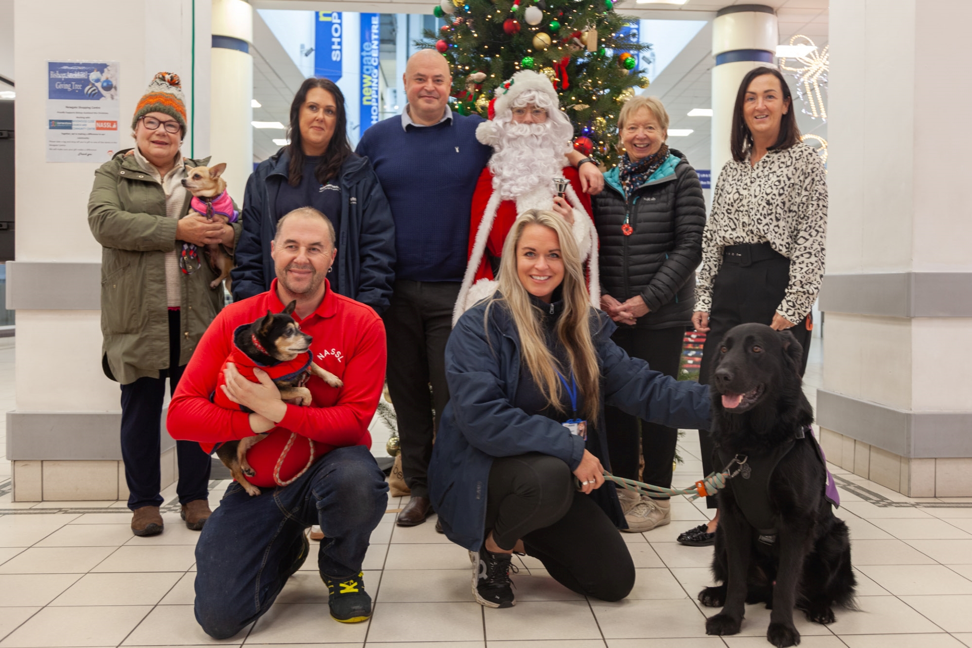 Back row left to right: Pauline Wilson from NASSL Pet Charity with NASSL dog Fawn, Claire Burke-Goulbourn from Cornerstone, Andrew Lee, Newgate Shopping Centre Manager standing with Santa Claus, Jennie Thomas and Debbie Richardson from Woodhouse Community Centre and Church Front row: Lee, a representative from NASSL Pet Charity with NASSL dog Poppy, and Nicky Morson from Cornerstone with Bob the Therapy Dog celebrating the launch of the Giving Tree initiative.